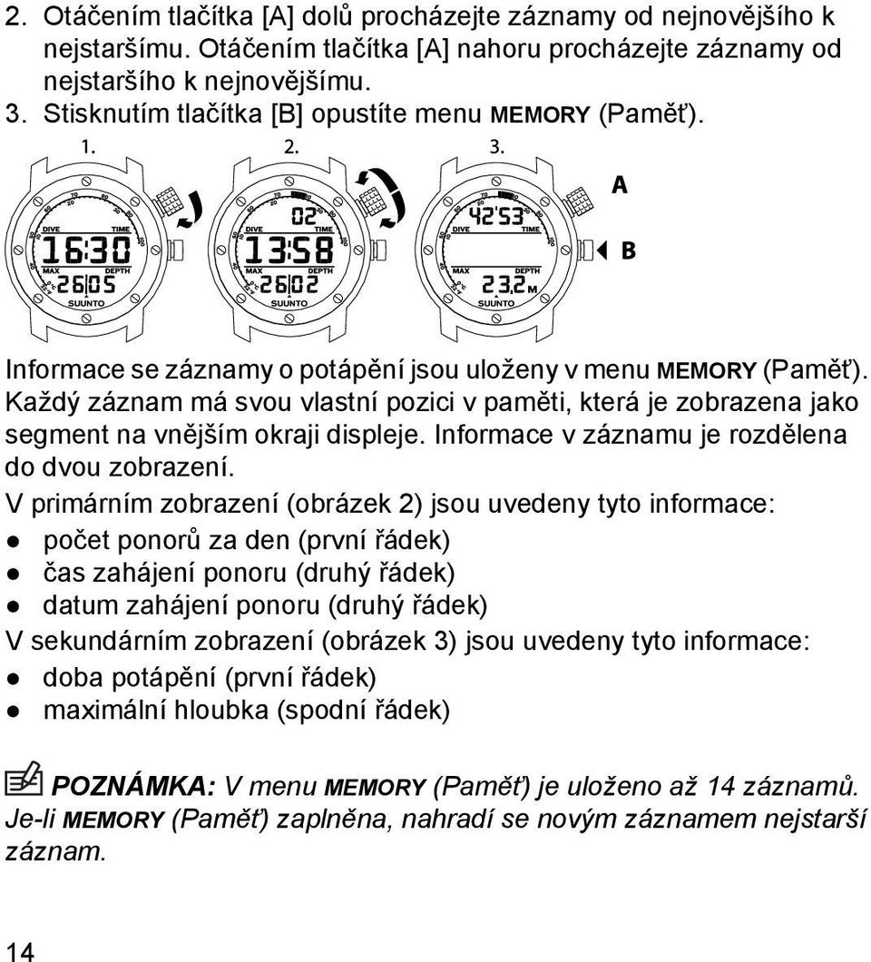 Každý záznam má svou vlastní pozici v paměti, která je zobrazena jako segment na vnějším okraji displeje. Informace v záznamu je rozdělena do dvou zobrazení.