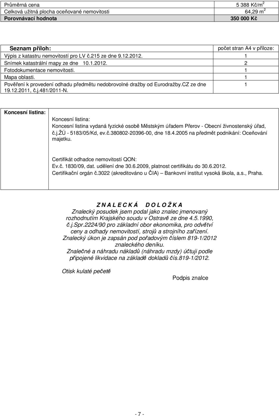 CZ ze dne 1 19.12.2011, č.j.481/2011-n. Koncesní listina: Koncesní listina: Koncesní listina vydaná fyzické osobě Městským úřadem Přerov - Obecní živnostenský úřad, č.j.žú - 5183/05/Kd, ev.č.380802-20396-00, dne 18.