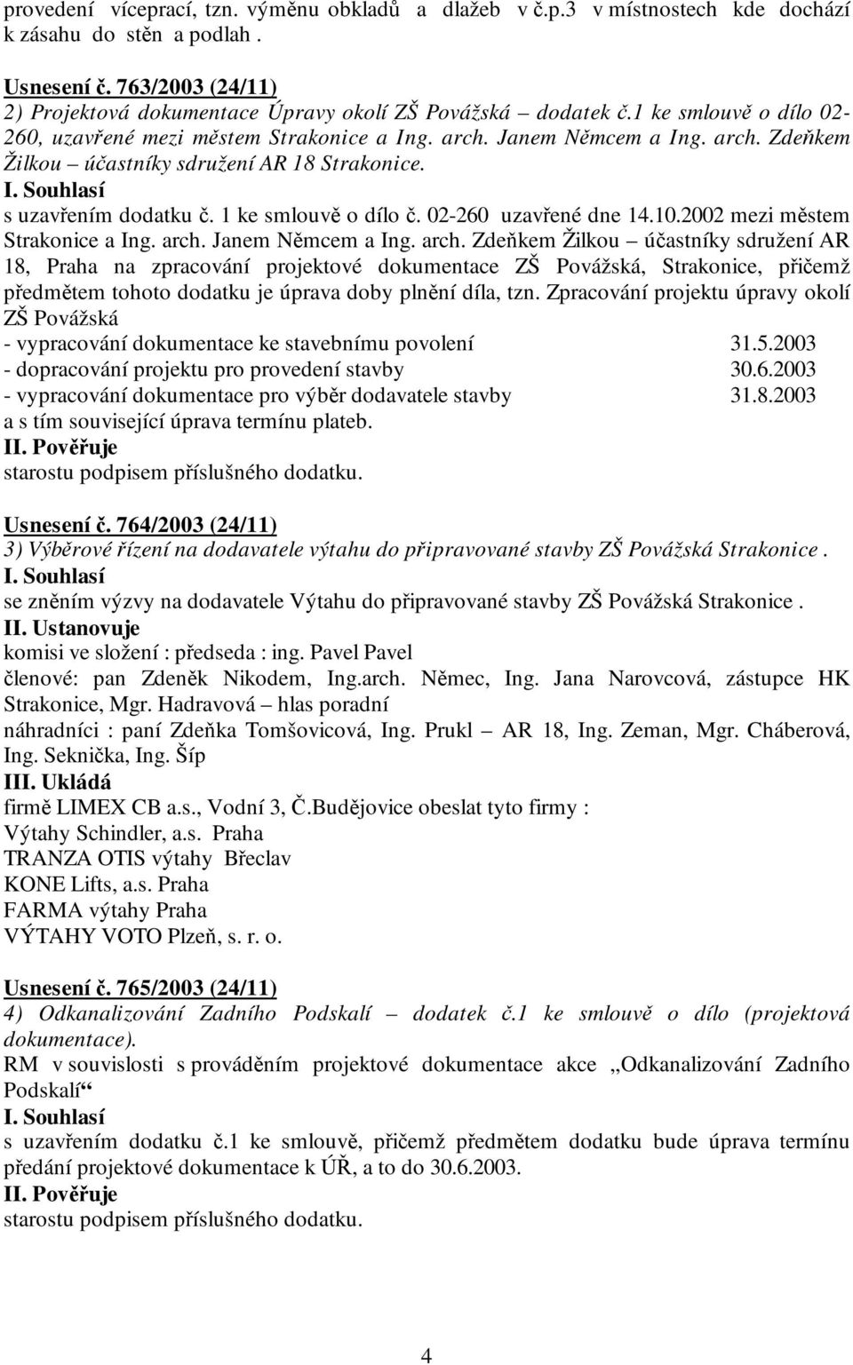 Janem Němcem a Ing. arch. Zdeňkem Žilkou účastníky sdružení AR 18 Strakonice. s uzavřením dodatku č. 1 ke smlouvě o dílo č. 02-260 uzavřené dne 14.10.2002 mezi městem Strakonice a Ing. arch. Janem Němcem a Ing.