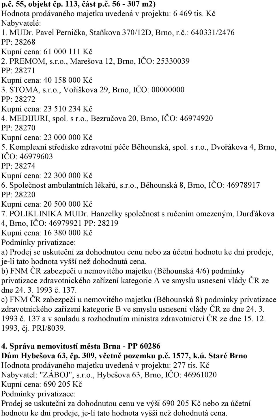 Komplexní středisko zdravotní péče Běhounská, spol. s r.o., Dvořákova 4, Brno, IČO: 46979603 PP: 28274 Kupní cena: 22 300 000 Kč 6. Společnost ambulantních lékařů, s.r.o., Běhounská 8, Brno, IČO: 46978917 PP: 28220 Kupní cena: 20 500 000 Kč 7.