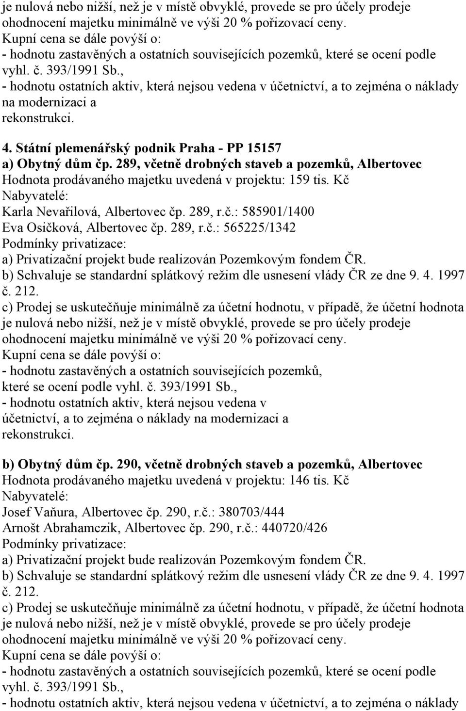 Kč Karla Nevařilová, Albertovec čp. 289, r.č.: 585901/1400 Eva Osičková, Albertovec čp. 289, r.č.: 565225/1342 c) Prodej se uskutečňuje minimálně za účetní hodnotu, v případě, že účetní hodnota je