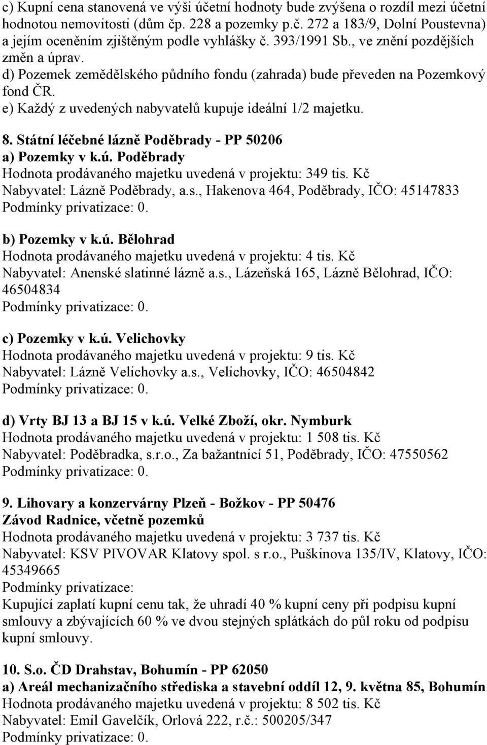 Státní léčebné lázně Poděbrady - PP 50206 a) Pozemky v k.ú. Poděbrady Hodnota prodávaného majetku uvedená v projektu: 349 tis. Kč Nabyvatel: Lázně Poděbrady, a.s., Hakenova 464, Poděbrady, IČO: 45147833 0.