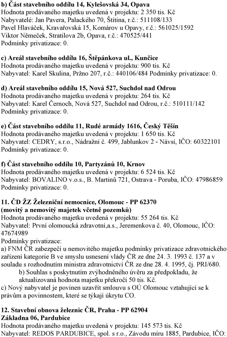 Kč Nabyvatel: Karel Skulina, Pržno 207, r.č.: 440106/484 0. d) Areál stavebního oddílu 15, Nová 527, Suchdol nad Odrou Hodnota prodávaného majetku uvedená v projektu: 264 tis.