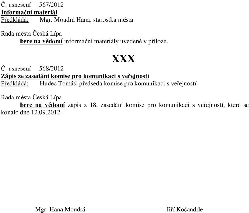 usnesení 568/2012 Zápis ze zasedání komise pro komunikaci s veřejností Předkládá: Hudec