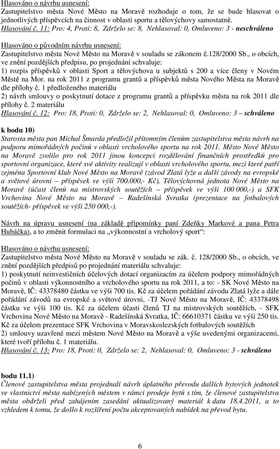 128/2000 Sb., o obcích, ve znění pozdějších předpisu, po projednání schvaluje: 1) rozpis příspěvků v oblasti Sport a tělovýchova u subjektů s 200 a více členy v Novém Městě na Mor.