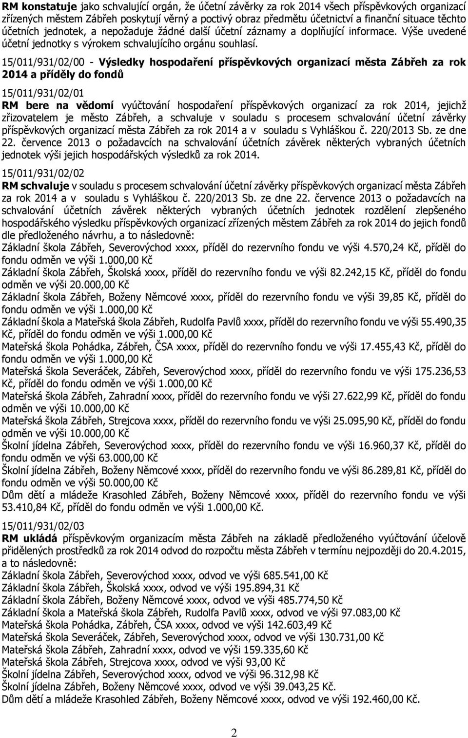 15/011/931/02/00 - Výsledky hospodaření příspěvkových organizací města Zábřeh za rok 2014 a příděly do fondů 15/011/931/02/01 RM bere na vědomí vyúčtování hospodaření příspěvkových organizací za rok