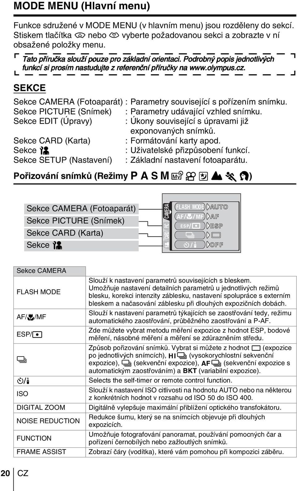 SEKCE Sekce CAMERA (Fotoaparát) : Parametry související s pofiízením snímku. Sekce PICTURE (Snímek) : Parametry udávající vzhled snímku.