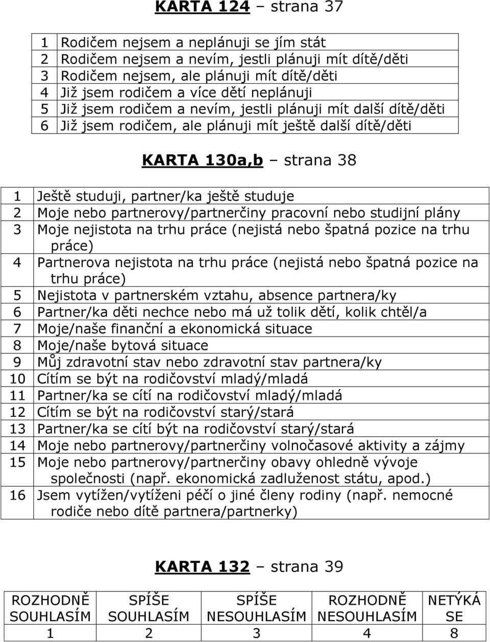 Moje nebo partnerovy/partnerčiny pracovní nebo studijní plány 3 Moje nejistota na trhu práce (nejistá nebo špatná pozice na trhu práce) 4 Partnerova nejistota na trhu práce (nejistá nebo špatná