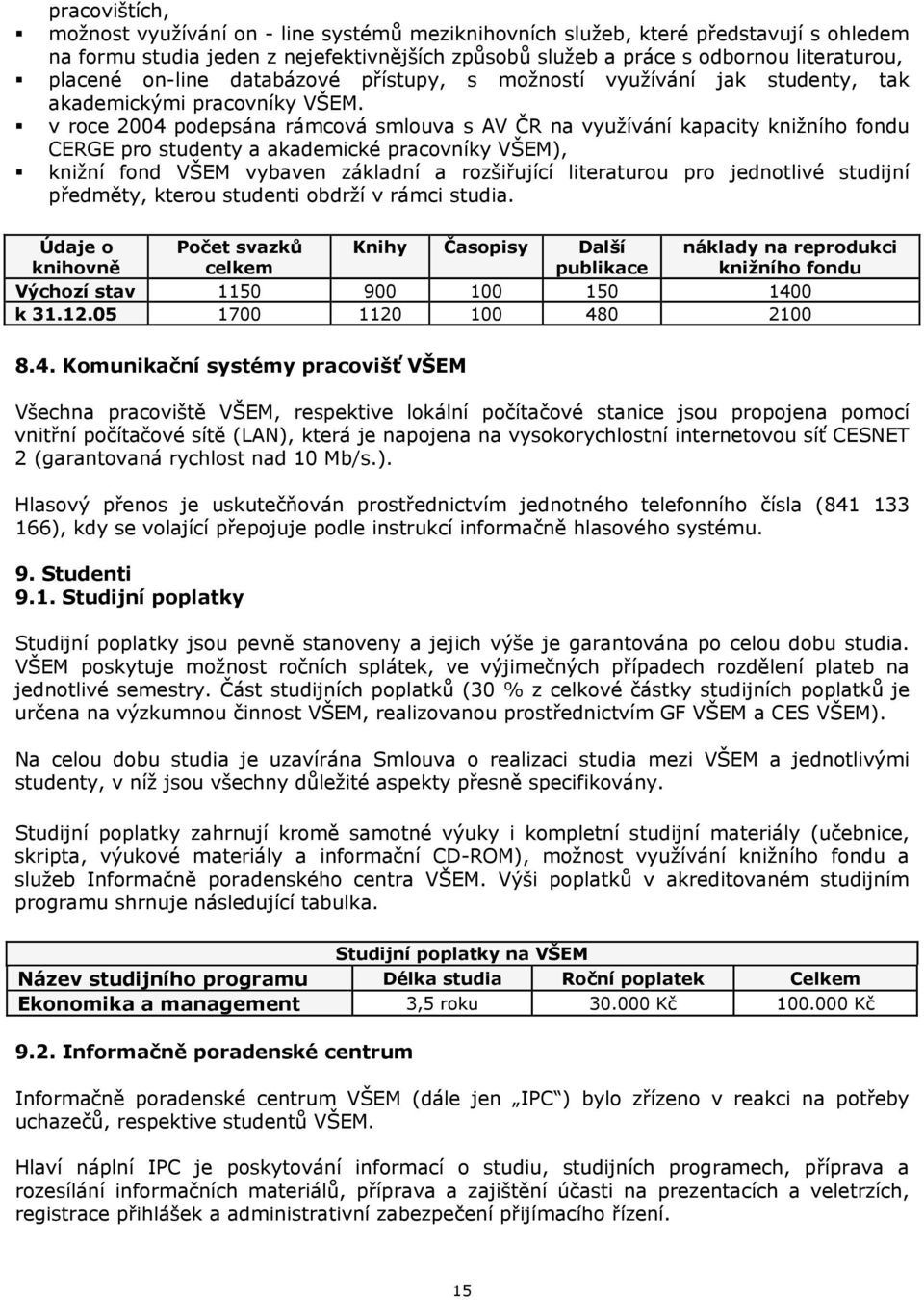 v roce 2004 podepsána rámcová smlouva s AV ČR na využívání kapacity knižního fondu CERGE pro studenty a akademické pracovníky VŠEM), knižní fond VŠEM vybaven základní a rozšiřující literaturou pro