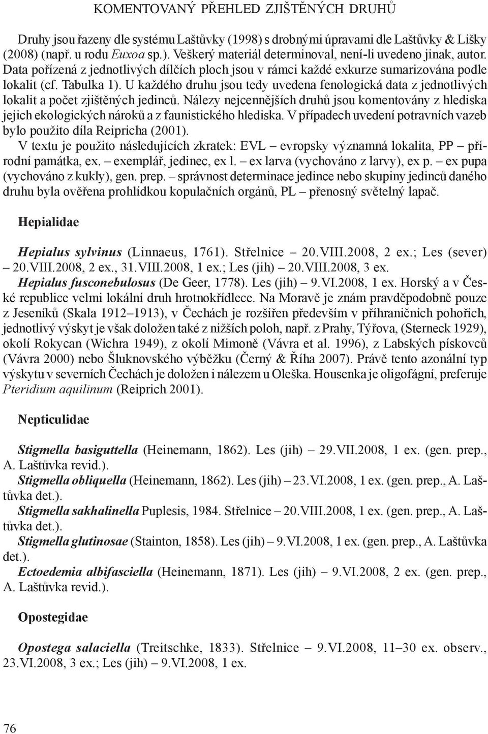 U každého druhu jsou tedy uvedena fenologická data z jednotlivých lokalit a počet zjištěných jedinců.