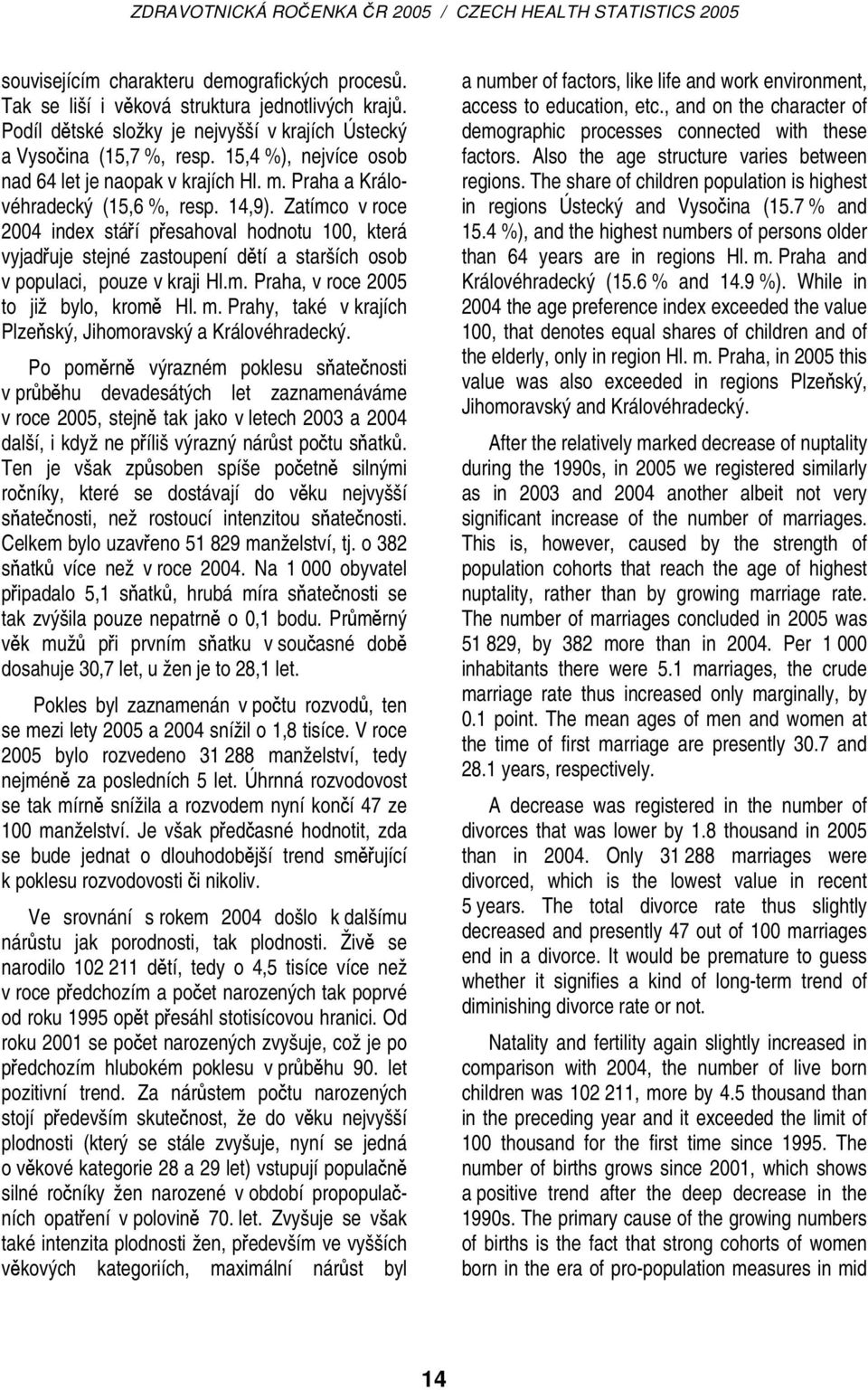 Zatímco v roce 2004 index stáří přesahoval hodnotu 100, která vyjadřuje stejné zastoupení dětí a starších osob v populaci, pouze v kraji Hl.m. Praha, v roce 2005 to již bylo, kromě Hl. m.