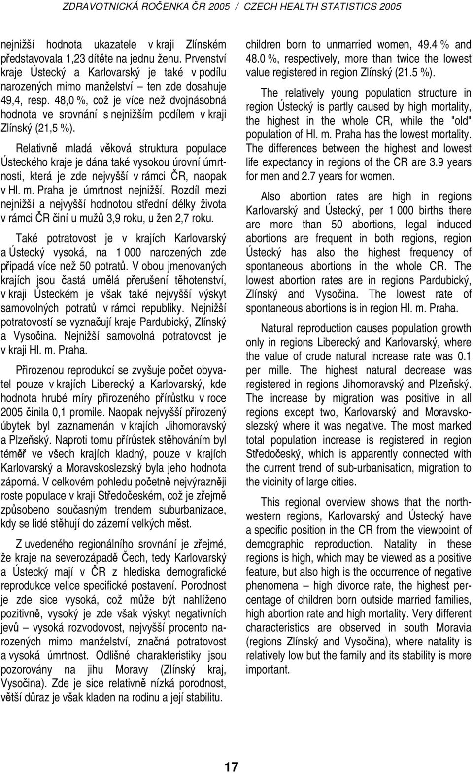 Relativně mladá věková struktura populace Ústeckého kraje je dána také vysokou úrovní úmrtnosti, která je zde nejvyšší v rámci ČR, naopak v Hl. m. Praha je úmrtnost nejnižší.