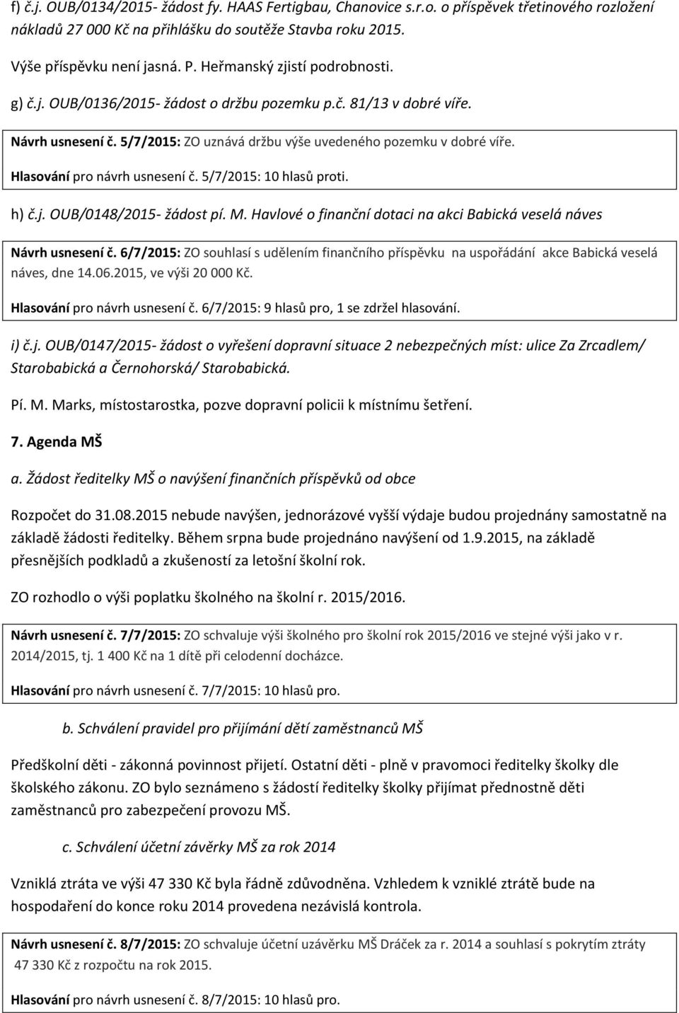 Hlasování pro návrh usnesení č. 5/7/2015: 10 hlasů proti. h) č.j. OUB/0148/2015- žádost pí. M. Havlové o finanční dotaci na akci Babická veselá náves Návrh usnesení č.