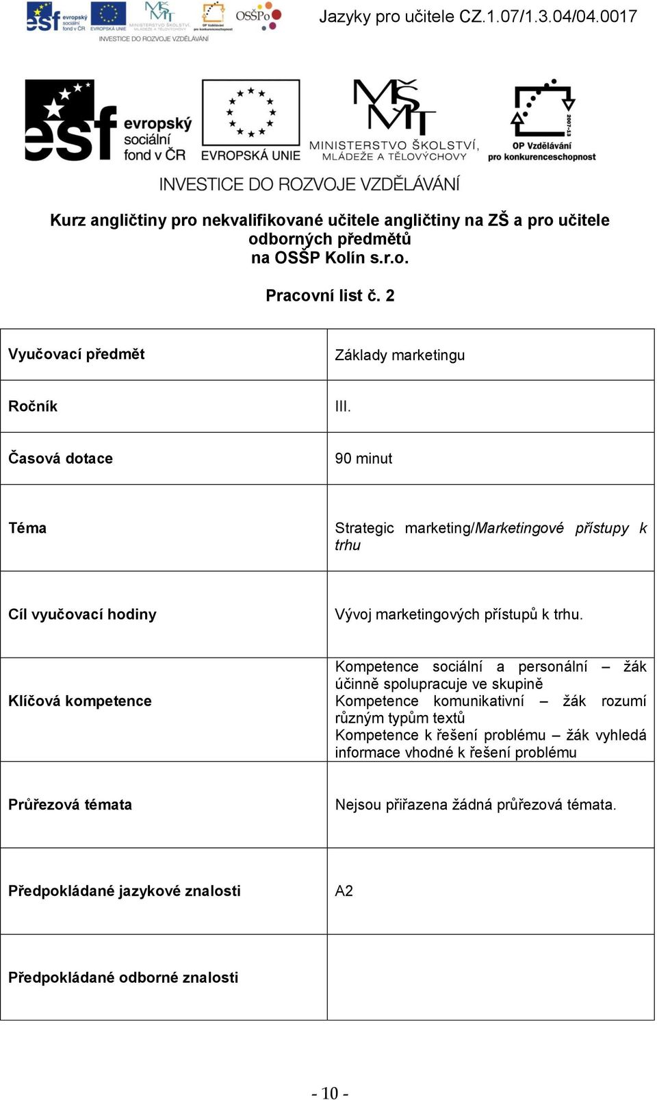 Časová dotace 90 minut Téma Strategic marketing/marketingové přístupy k trhu Cíl vyučovací hodiny Vývoj marketingových přístupů k trhu.