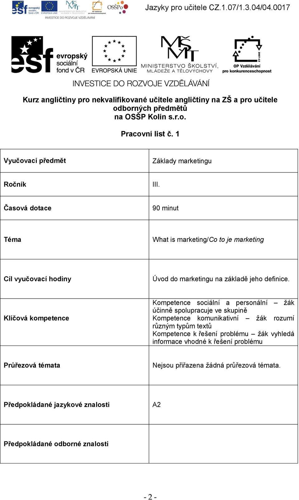 Časová dotace 90 minut Téma What is marketing/co to je marketing Cíl vyučovací hodiny Úvod do marketingu na základě jeho definice.