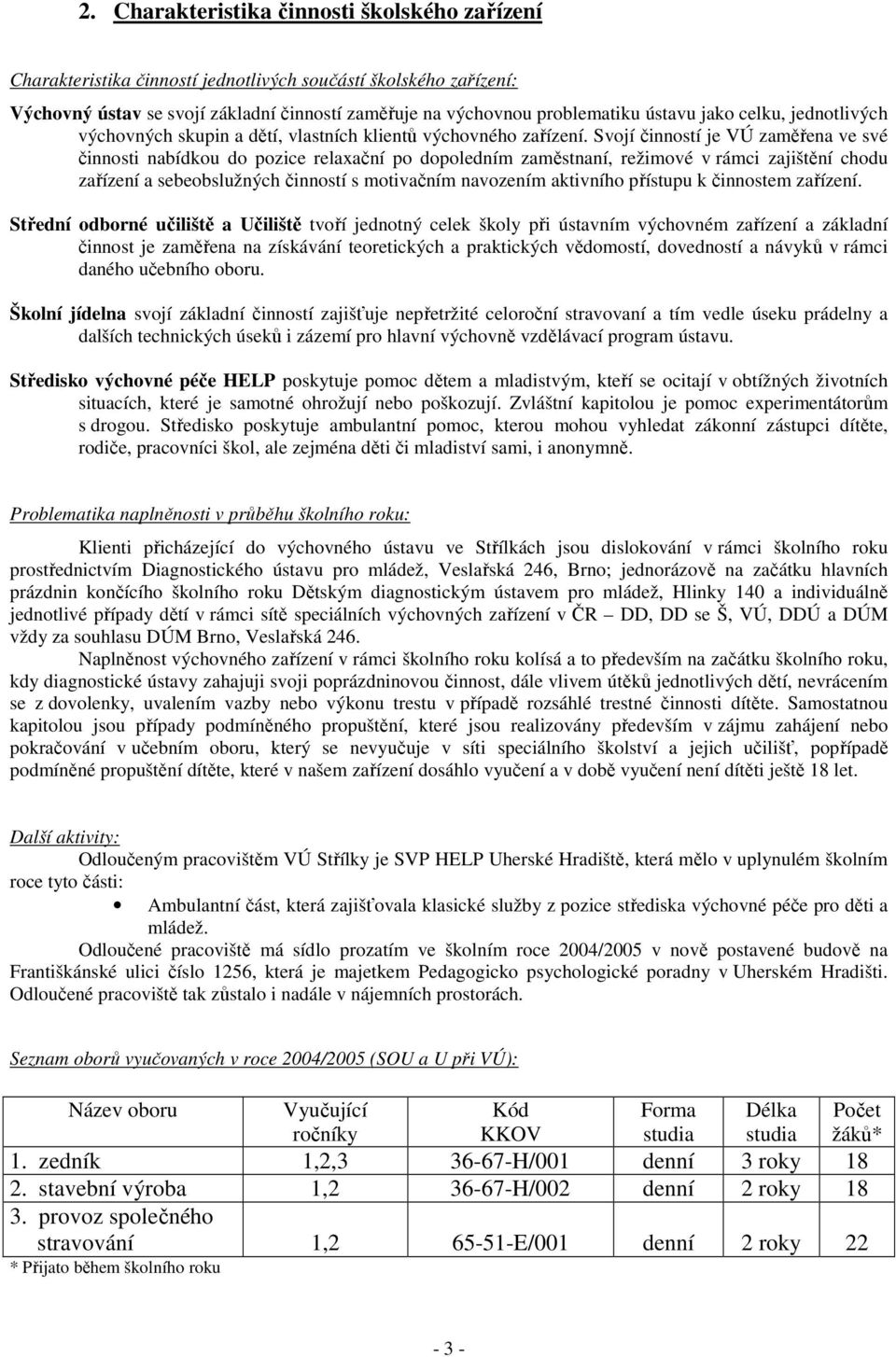 Svojí činností je VÚ zaměřena ve své činnosti nabídkou do pozice relaxační po dopoledním zaměstnaní, režimové v rámci zajištění chodu zařízení a sebeobslužných činností s motivačním navozením