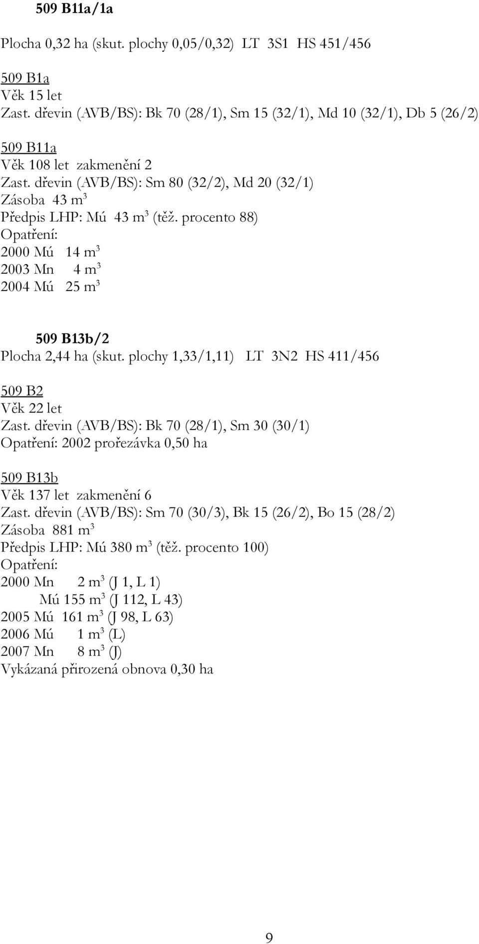 procento 88) 2000 Mú 14 m3 2003 Mn 4 m3 2004 Mú 25 m3 509 B13b/2 Plocha 2,44 ha (skut. plochy 1,33/1,11) LT 3N2 HS 411/456 509 B2 Věk 22 let Zast.