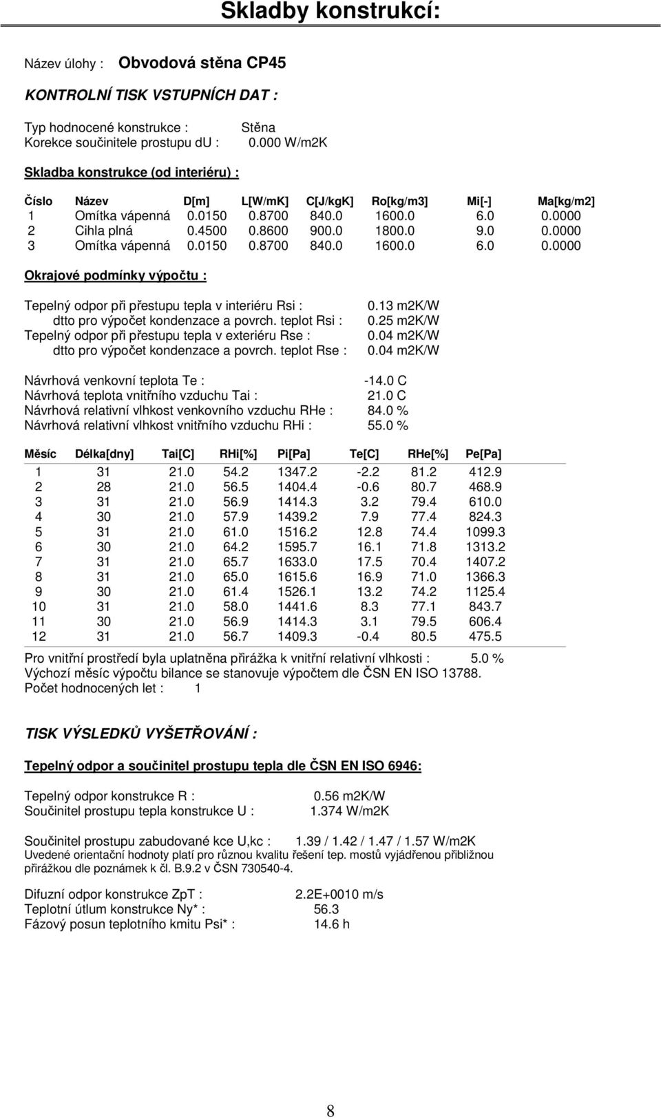 0 9.0 0.0000 3 Omítka vápenná 0.0150 0.8700 840.0 1600.0 6.0 0.0000 Okrajové podmínky výpočtu : Tepelný odpor při přestupu tepla v interiéru Rsi : dtto pro výpočet kondenzace a povrch.