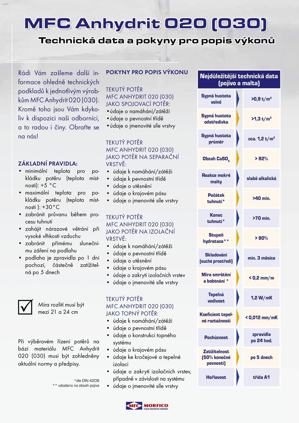 ZÁKLADNÍ PRAVIDLA: minimální teplota pro pokládku potěru (teplota místnosti): +5 C maximální teplota pro pokládku potěru (teplota místnosti ): +30 C zabránit průvanu během procesu tuhnutí zahájit