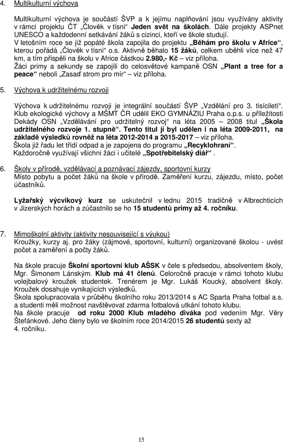 V letošním roce se již popáté škola zapojila do projektu Běhám pro školu v Africe, kterou pořádá Člověk v tísni o.s. Aktivně běhalo 15 žáků, celkem uběhli více než 47 km, a tím přispěli na školu v Africe částkou 2.