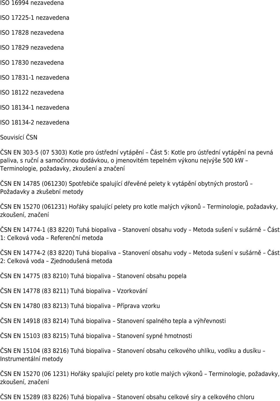 Terminologie, požadavky, zkoušení a značení ČSN EN 14785 (061230) Spotřebiče spalující dřevěné pelety k vytápění obytných prostorů Požadavky a zkušební metody ČSN EN 15270 (061231) Hořáky spalující