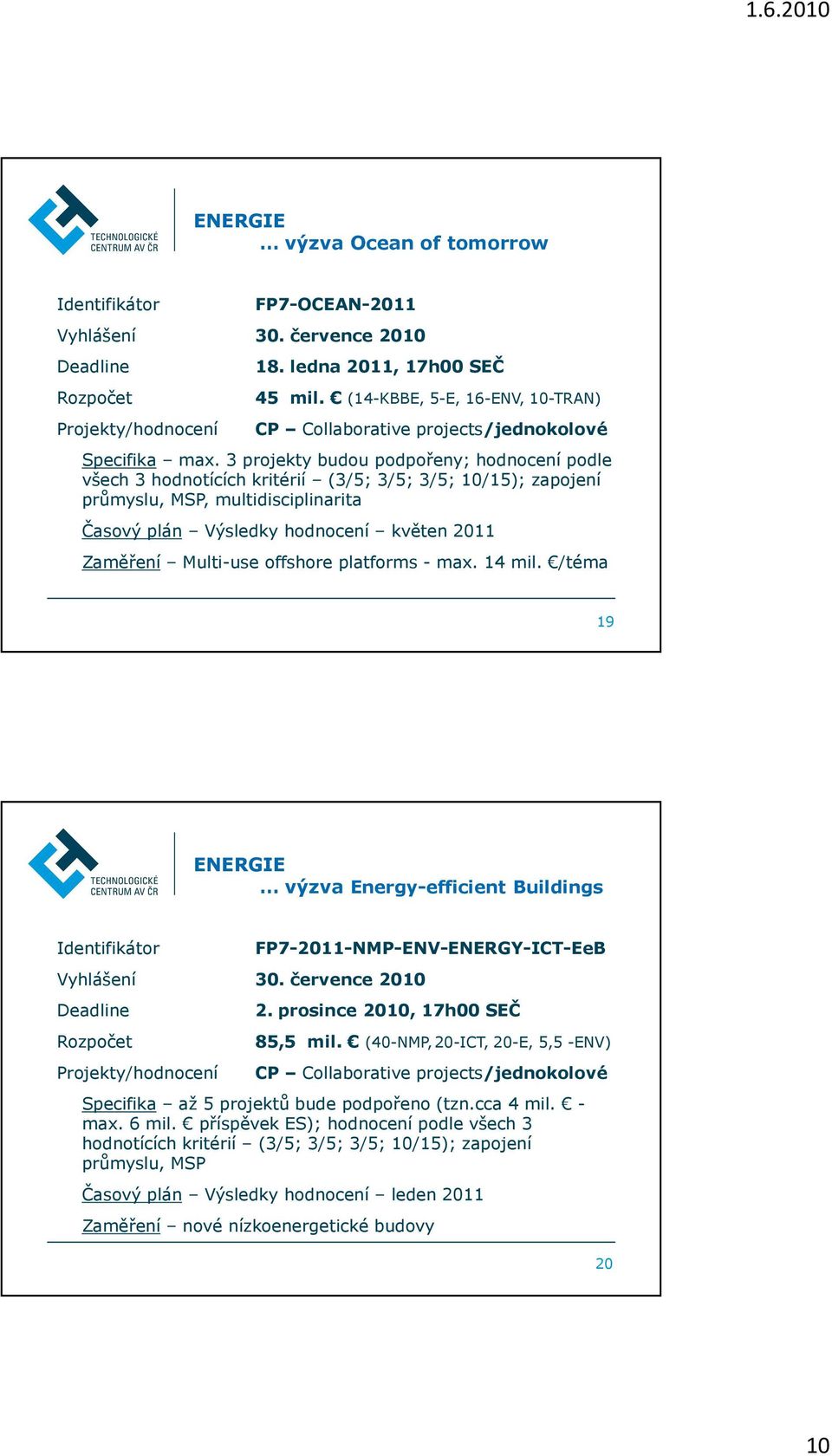 Multi-use offshore platforms - max. 14 mil. /téma 19 výzva Energy-efficient Buildings Vyhlášení 30. července 2010 Rozpočet FP7-2011-NMP-ENV-ENERGY-ICT-EeB 2. prosince 2010, 17h00 SEČ 85,5 mil.
