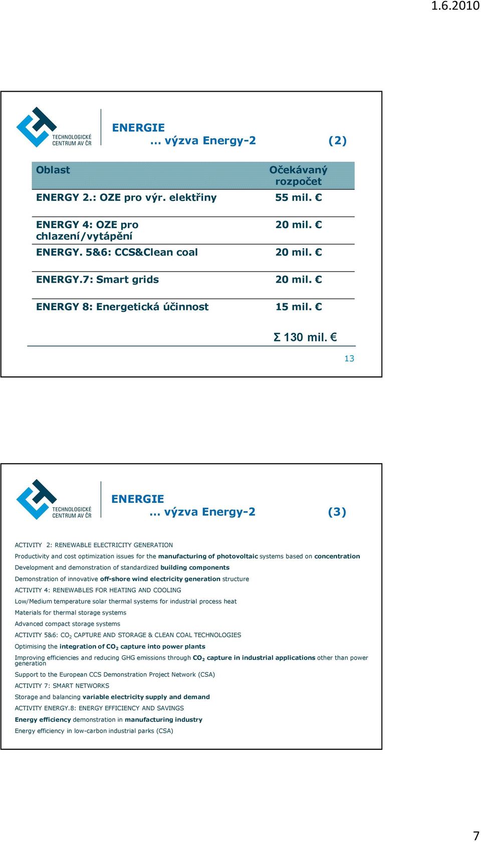 13 výzva Energy-2 (3) ACTIVITY 2: RENEWABLE ELECTRICITY GENERATION Productivity and cost optimization issues for the manufacturing of photovoltaic systems based on concentration Development and