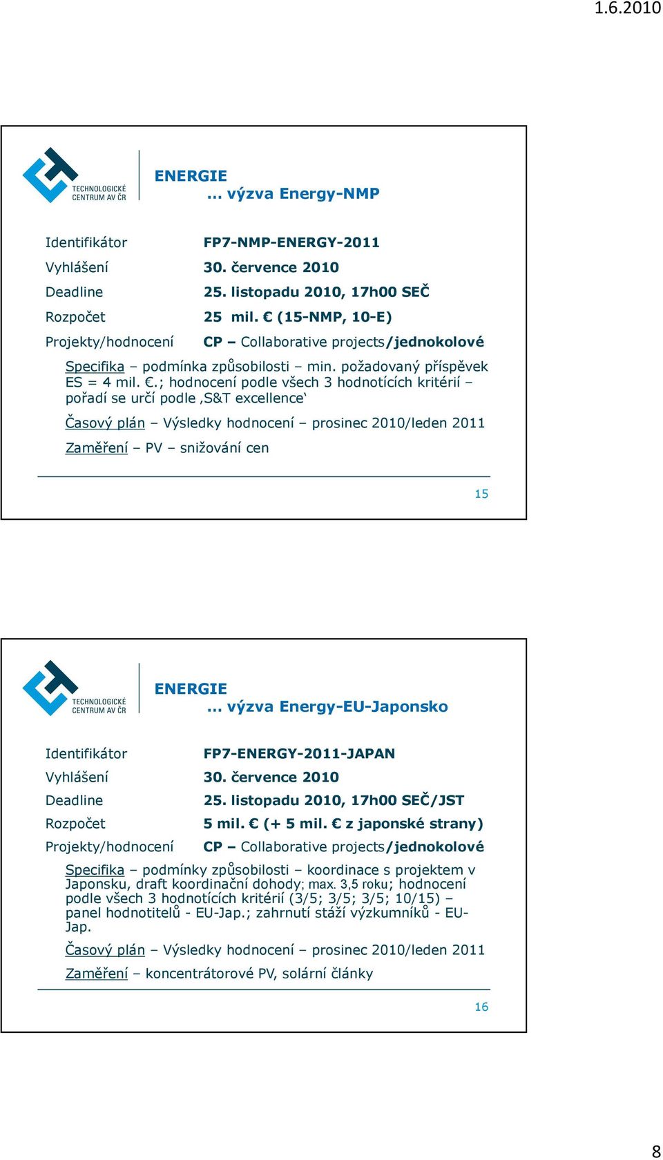 .; hodnocení podle všech 3 hodnotících kritérií pořadí se určí podle S&T excellence Časový plán Výsledky hodnocení prosinec 2010/leden 2011 Zaměření PV snižování cen 15 výzva Energy-EU-Japonsko