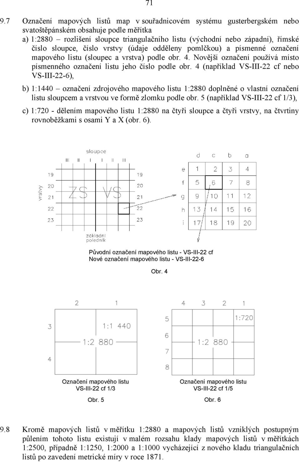 4 (například VS-III-22 cf nebo VS-III-22-6), b) 1:1440 označení zdrojového mapového listu 1:2880 doplněné o vlastní označení listu sloupcem a vrstvou ve formě zlomku podle obr.