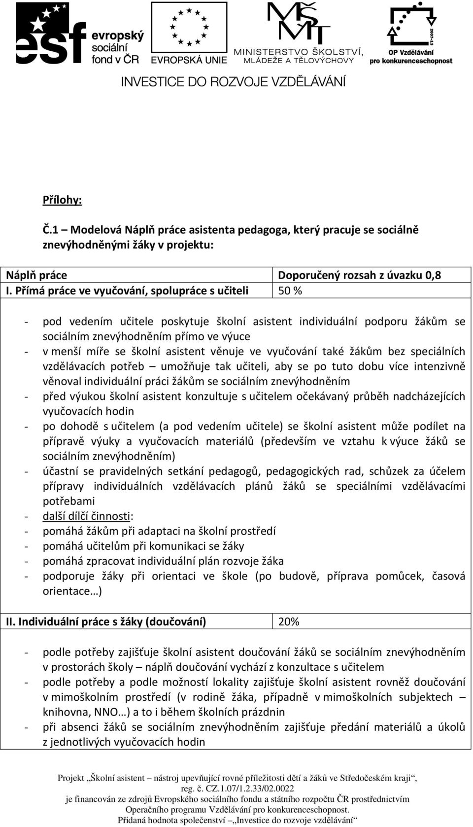 asistent věnuje ve vyučování také žákům bez speciálních vzdělávacích potřeb umožňuje tak učiteli, aby se po tuto dobu více intenzivně věnoval individuální práci žákům se sociálním znevýhodněním -