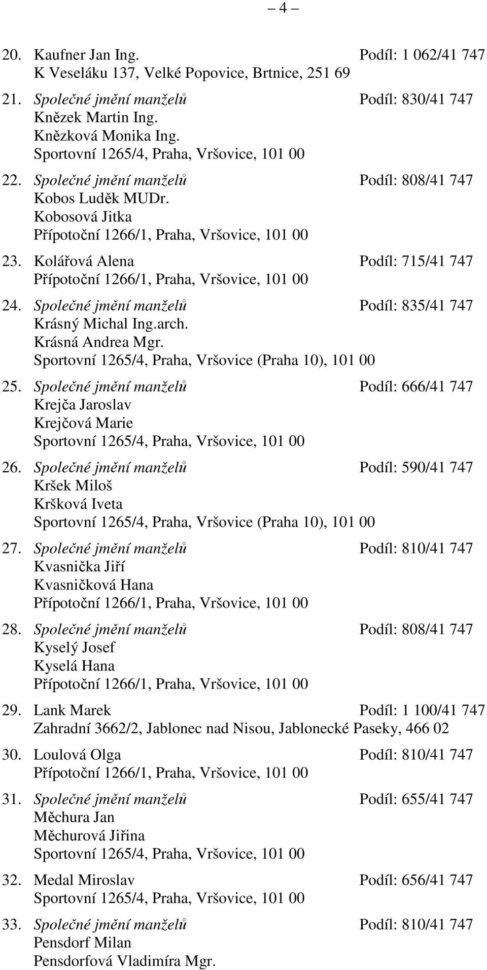 25. Společné jmění manželů Podíl: 666/41 747 Krejča Jaroslav Krejčová Marie 26. Společné jmění manželů Podíl: 590/41 747 Kršek Miloš Kršková Iveta 27.