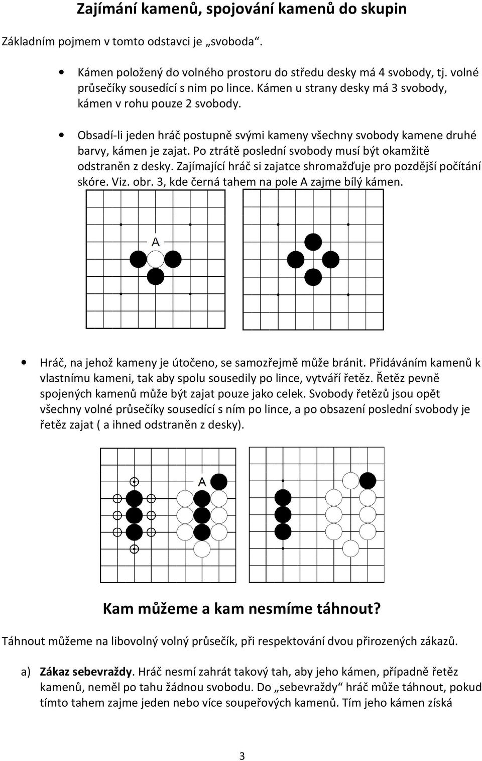 Po ztrátě poslední svobody musí být okamžitě odstraněn z desky. Zajímající hráč si zajatce shromažďuje pro pozdější počítání skóre. Viz. obr. 3, kde černá tahem na pole A zajme bílý kámen.