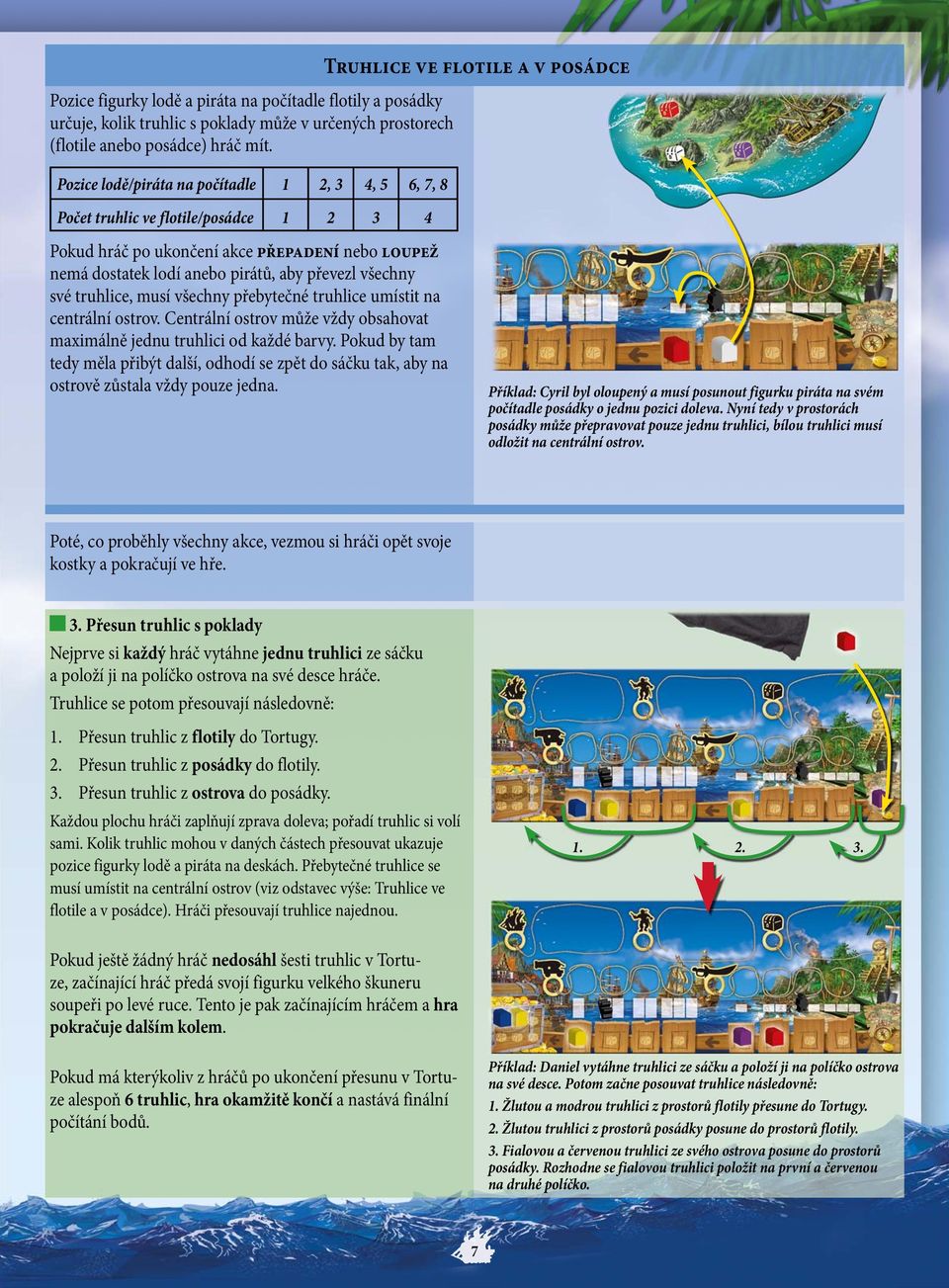 pirátů, aby převezl všechny své truhlice, musí všechny přebytečné truhlice umístit na centrální ostrov. Centrální ostrov může vždy obsahovat maximálně jednu truhlici od každé barvy.