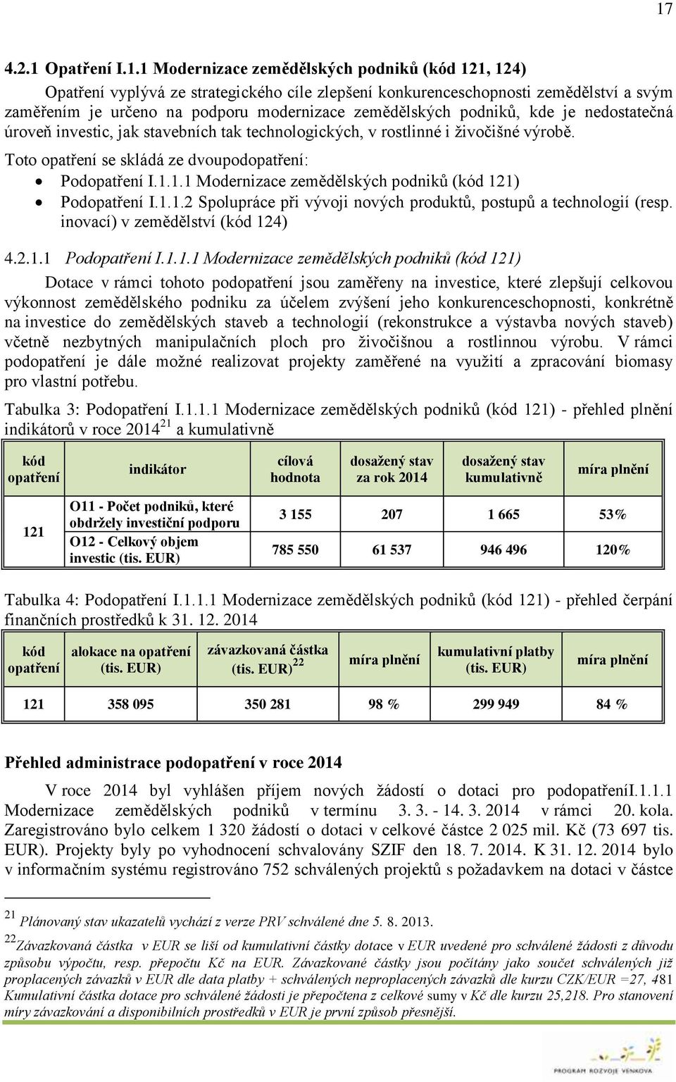 1.1 Modernizace zemědělských podniků (kód 121) Podopatření I.1.1.2 Spolupráce při vývoji nových produktů, postupů a technologií (resp. inovací) v zemědělství (kód 124) 4.2.1.1 Podopatření I.1.1.1