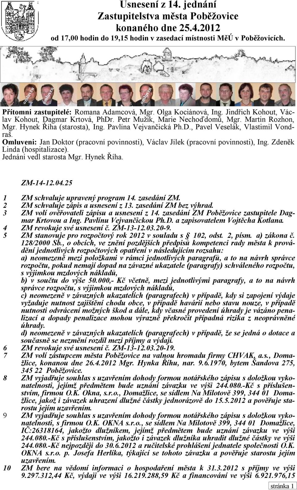 Omluveni: Jan Doktor (pracovní povinnosti), Václav Jílek (pracovní povinnosti), Ing. Zdeněk Linda (hospitalizace). Jednání vedl starosta Mgr. Hynek Říha. ZM-14-12.04.