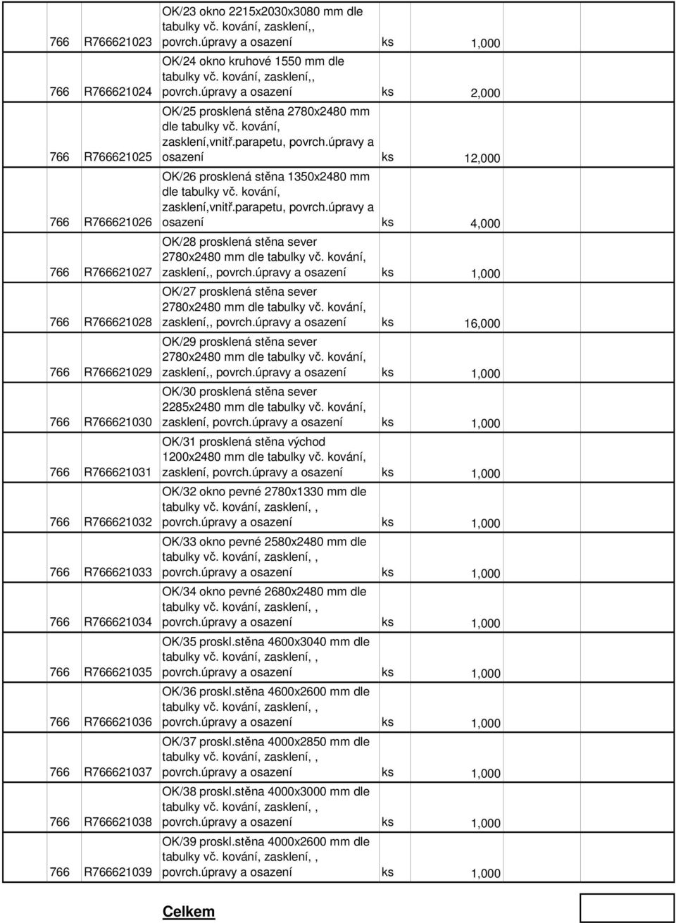 parapetu, povrch.úpravy a osazení ks 12,000 OK/26 prosklená stěna 1350x2480 mm dle tabulky vč. kování, zasklení,vnitř.parapetu, povrch.úpravy a osazení ks 4,000 OK/28 prosklená stěna sever 2780x2480 mm dle tabulky vč.
