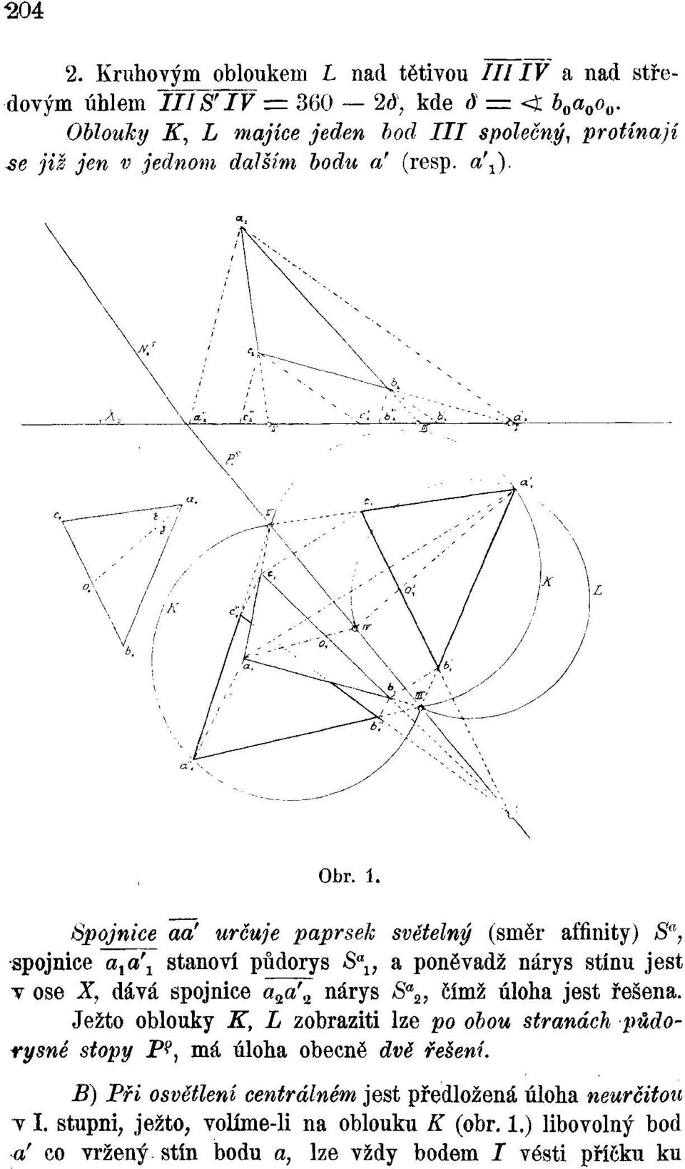 X, dává spojnice a 2 a\ 2 nárys S a 2, čímž úloha jest řešena Ježto oblouky K, L zobraziti lze po obou stranách půdorysné stopy P?