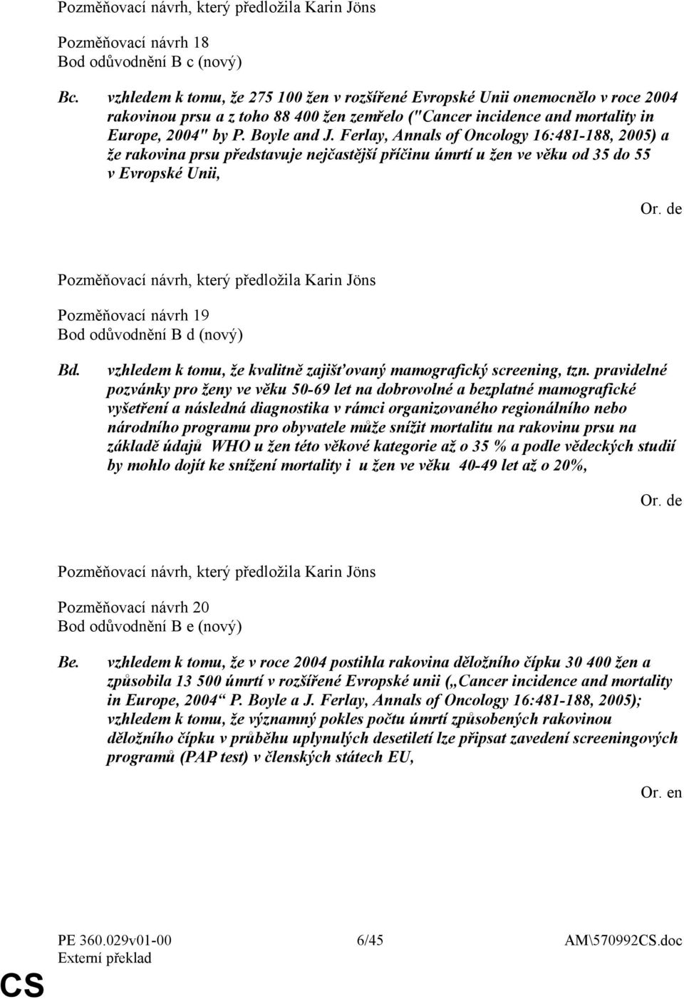 Ferlay, Annals of Oncology 16:481-188, 2005) a že rakovina prsu představuje nejčastější příčinu úmrtí u žen ve věku od 35 do 55 v Evropské Unii, Pozměňovací návrh 19 Bod odůvodnění B d (nový) Bd.