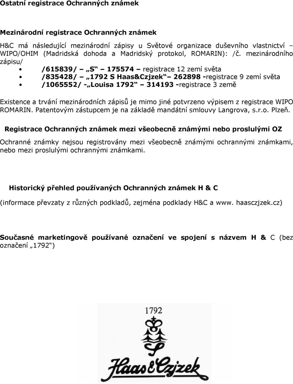 mezinárodního zápisu/ /615839/ S 175574 registrace 12 zemí světa /835428/ 1792 S Haas&Czjzek 262898 -registrace 9 zemí světa /1065552/ - Louisa 1792 314193 -registrace 3 země Existence a trvání