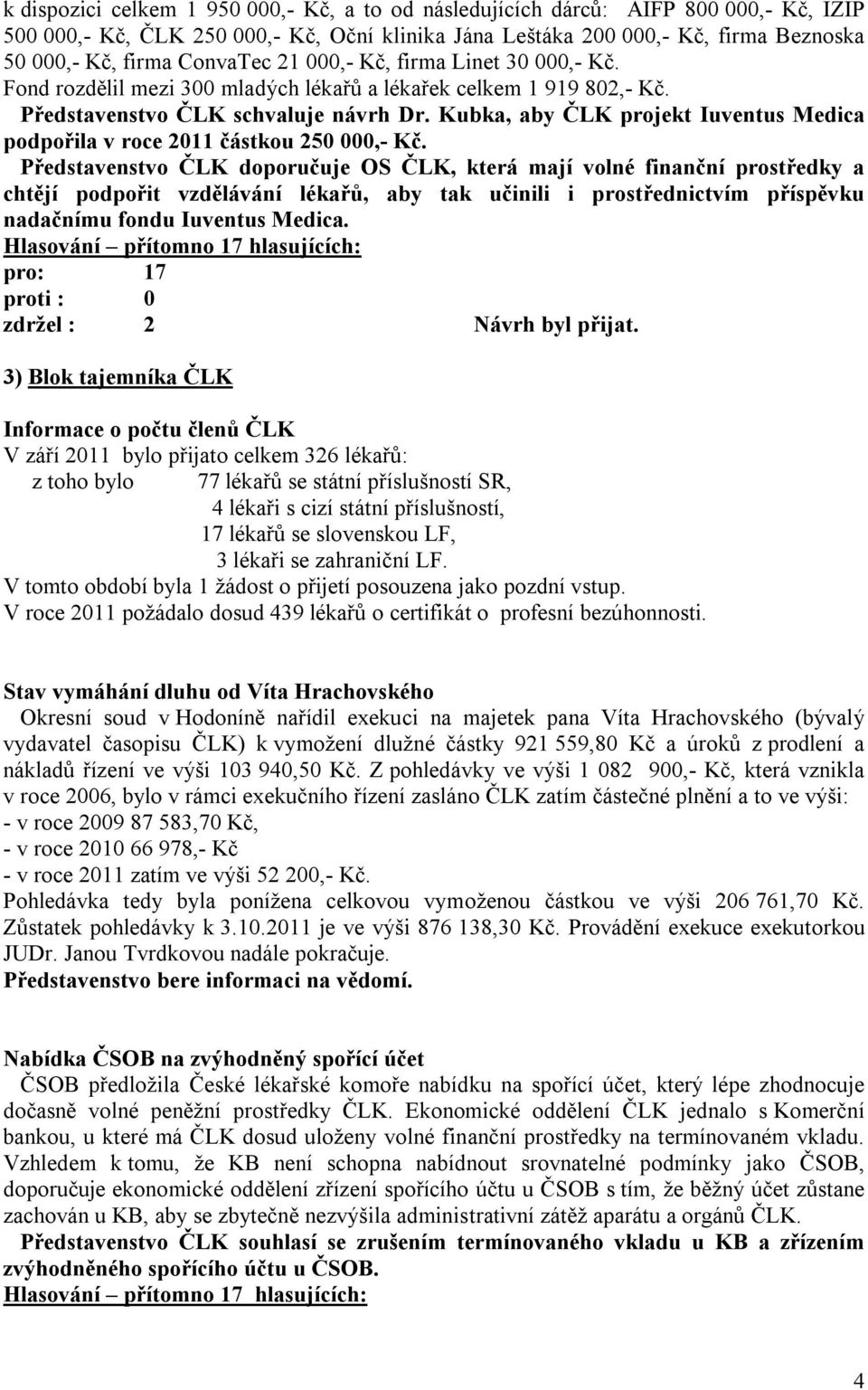 Kubka, aby ČLK projekt Iuventus Medica podpořila v roce 2011 částkou 250 000,- Kč.