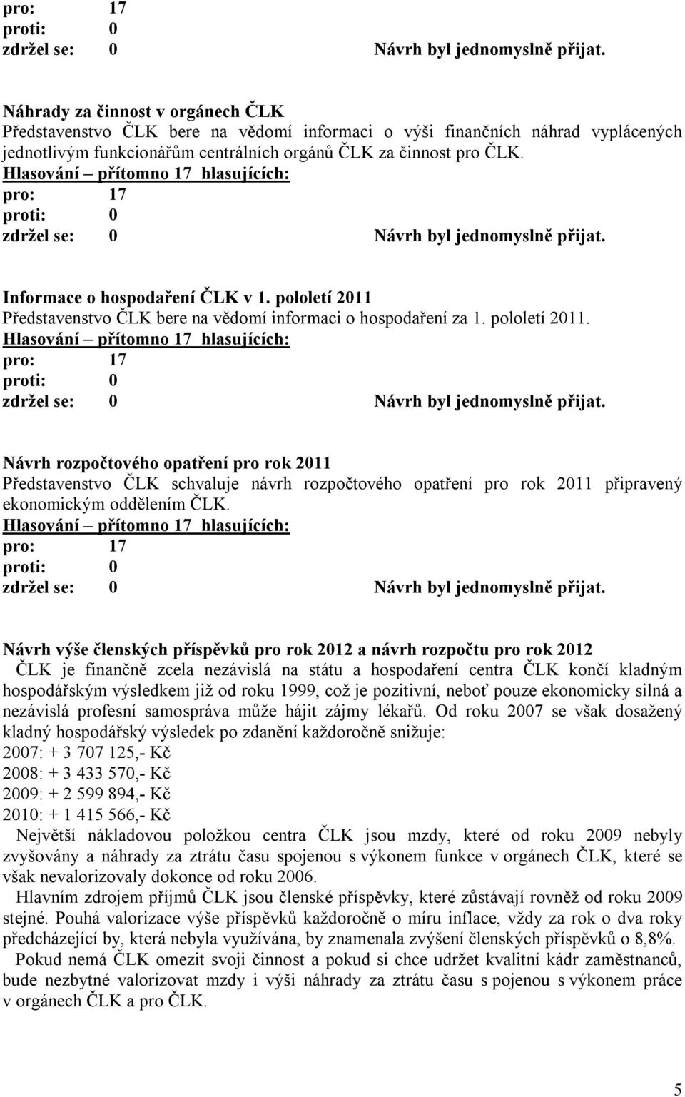 Představenstvo ČLK bere na vědomí informaci o hospodaření za 1. pololetí 2011.