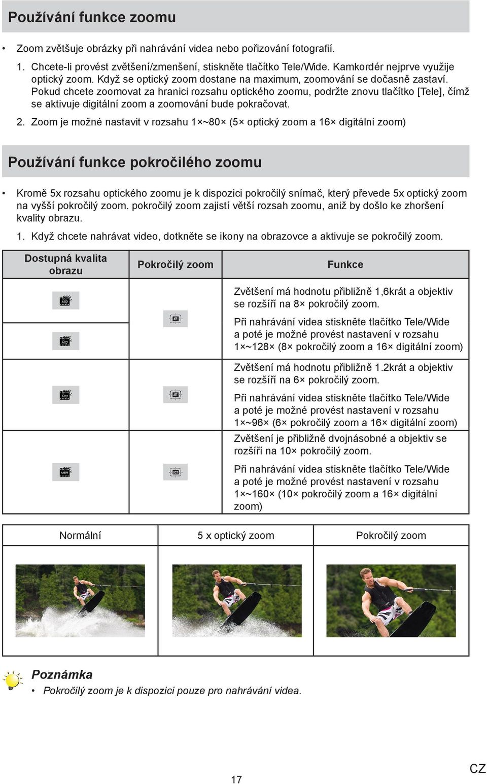 Pokud chcete zoomovat za hranici rozsahu optického zoomu, podržte znovu tlačítko [Tele], čímž se aktivuje digitální zoom a zoomování bude pokračovat. 2.