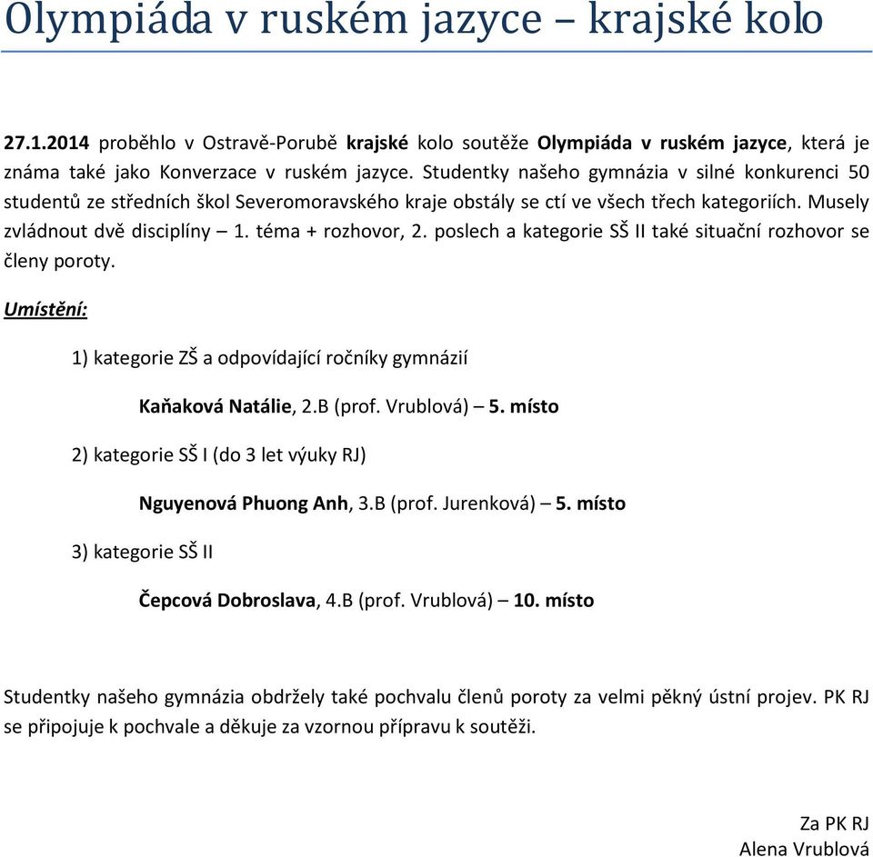 poslech a kategorie SŠ II také situační rozhovor se členy poroty. Umístění: 1) kategorie ZŠ a odpovídající ročníky gymnázií Kaňaková Natálie, 2.B (prof. Vrublová) 5.