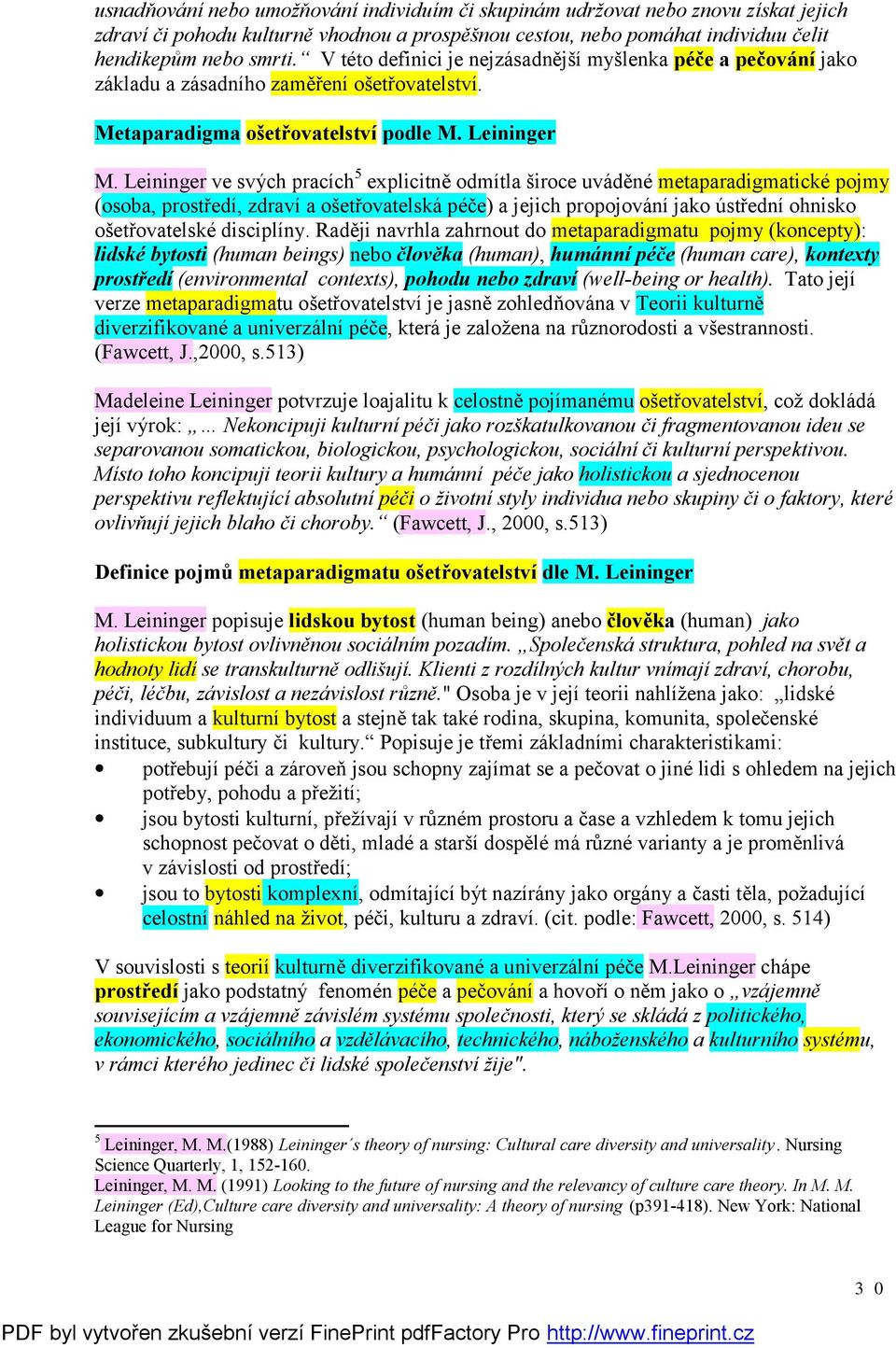 Leininger ve svých pracích 5 explicitně odmítla široce uváděné metaparadigmatické pojmy (osoba, prostředí, zdraví a ošetřovatelská péče) a jejich propojování jako ústřední ohnisko ošetřovatelské