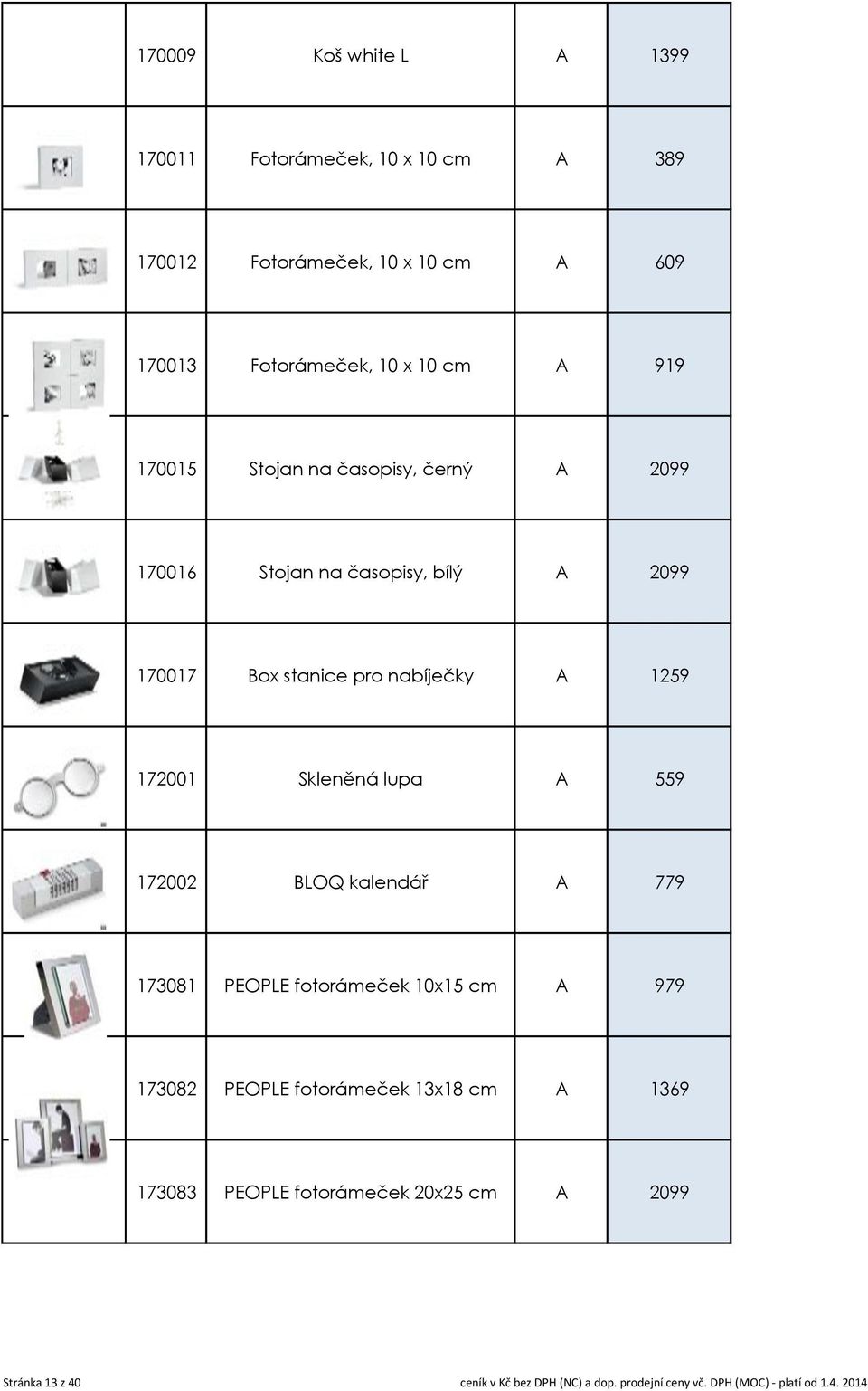 Skleněná lupa A 559 172002 BLOQ kalendář A 779 173081 PEOPLE fotorámeček 10x15 cm A 979 173082 PEOPLE fotorámeček 13x18 cm A 1369