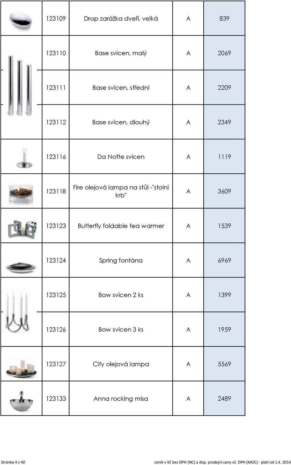 warmer A 1539 123124 Spring fontána A 6969 123125 Bow svícen 2 ks A 1399 123126 Bow svícen 3 ks A 1959 123127 City olejová lampa