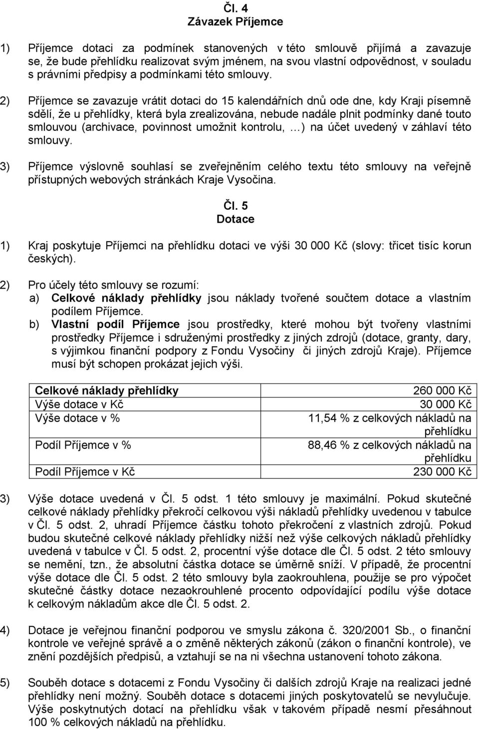 2) P íjemce se zavazuje vrátit dotaci do 15 kalendá ních dnů ode dne, kdy Kraji písemně sdělí, že u p ehlídky, která byla zrealizována, nebude nadále plnit podmínky dané touto smlouvou (archivace,