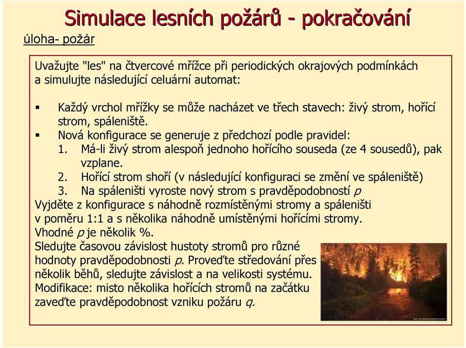 Má-li živý strom alespoň jednoho hořícího souseda (ze 4 sousedů), pak vzplane. 2. Hořící strom shoří (v následující konfiguraci se změní ve spáleniště) 3.