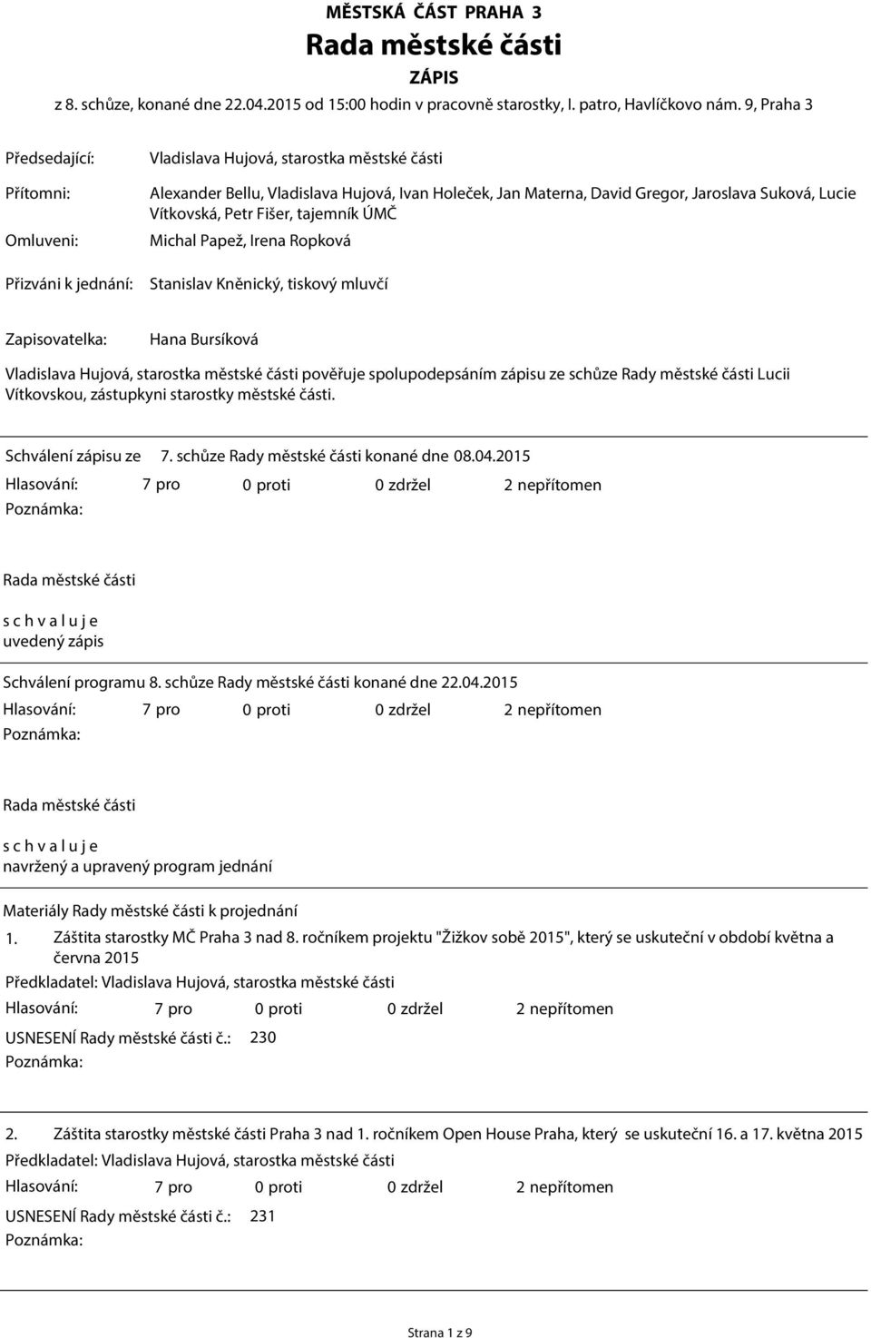 Suková, Lucie Vítkovská, Petr Fišer, tajemník ÚMČ Michal Papež, Irena Ropková Stanislav Kněnický, tiskový mluvčí Zapisovatelka: Hana Bursíková Vladislava Hujová, starostka městské části pověřuje