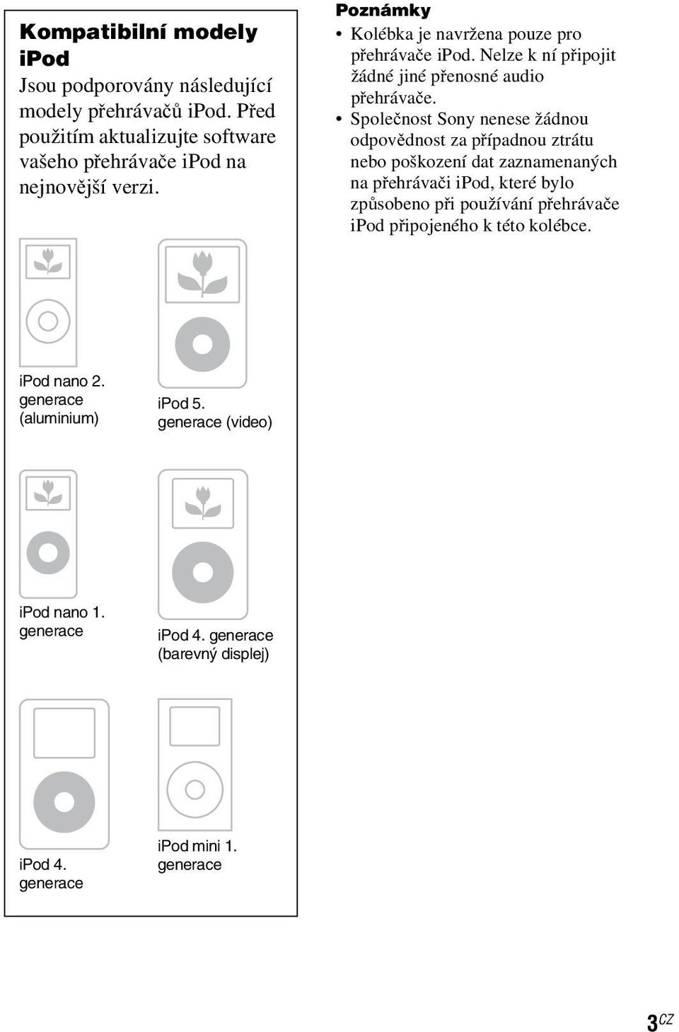 Společnost Sony nenese žádnou odpovědnost za případnou ztrátu nebo poškození dat zaznamenaných na přehrávači ipod, které bylo způsobeno při používání